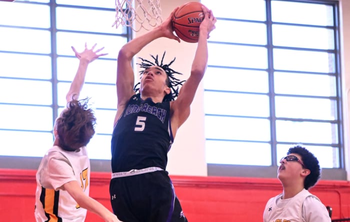 Senior forward RJ Barnes (5), a Frostburg State University commit, has Long Reach in its first state semifinals since 2008. The Lightning play Northeast in a Class 3A state semifinal contest Wednesday.